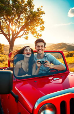 A romantic scene depicting Zenaiah and Primo sitting in a bright red jeep with the top down, surrounded by a picturesque landscape