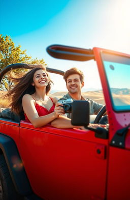 A romantic scene depicting Zenaiah and Primo sitting in a bright red jeep with the top down, surrounded by a picturesque landscape