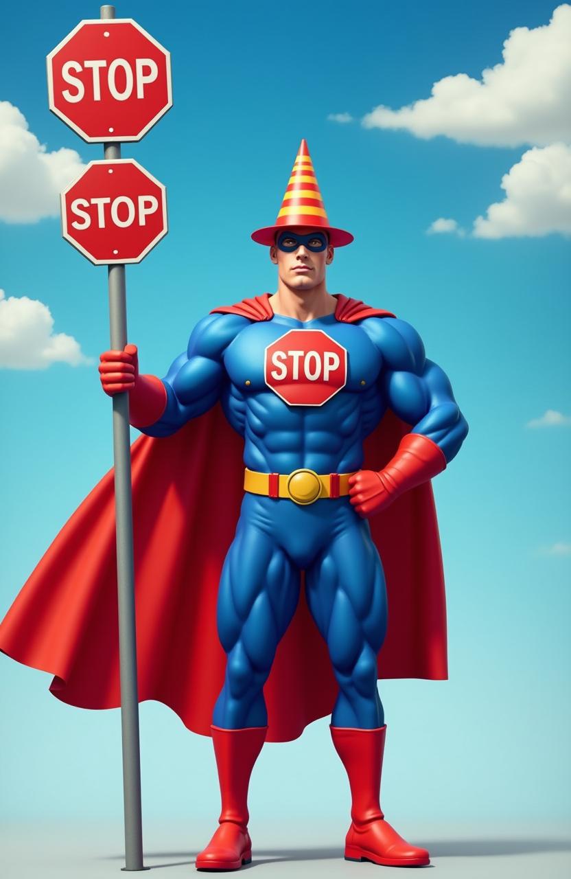 A muscular superhero standing confidently, wearing a vibrant blue and red costume with a cape flowing behind him