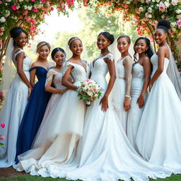 A stunning bridal portrait featuring a diverse group of women showcasing various bridal arts and styles