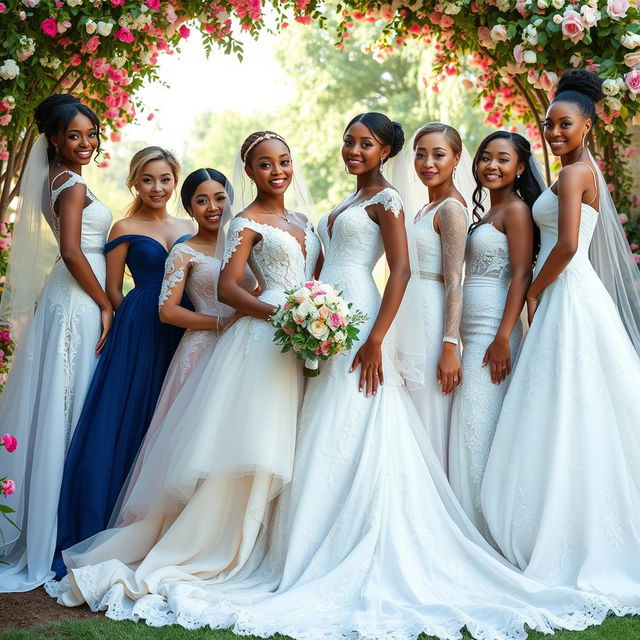 A stunning bridal portrait featuring a diverse group of women showcasing various bridal arts and styles