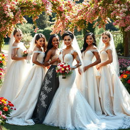A stunning bridal portrait featuring a diverse group of women showcasing various bridal arts and styles