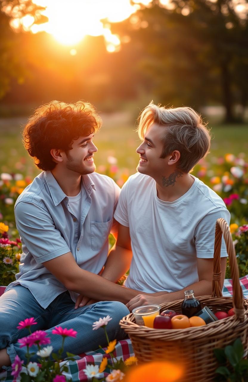 A romantic scene between two young men in a beautiful park during sunset