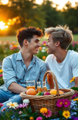 A romantic scene between two young men in a beautiful park during sunset
