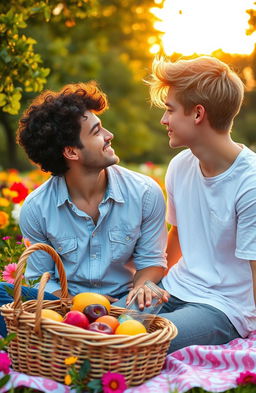 A romantic scene between two young men in a beautiful park during sunset