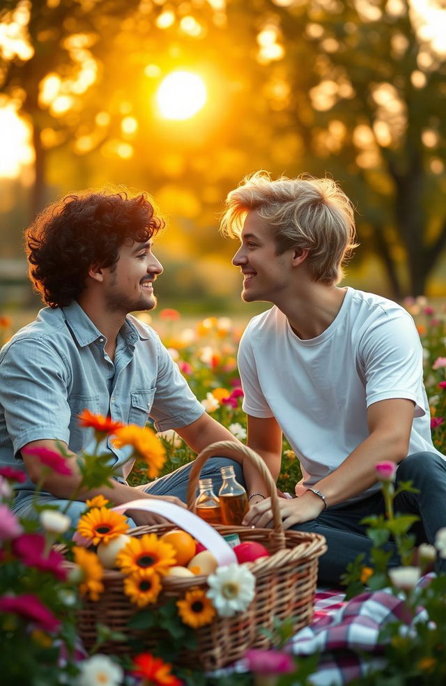 A romantic scene between two young men in a beautiful park during sunset