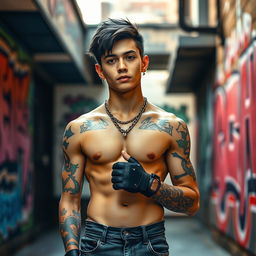 A youthful male, 19 years old, embodying the edgy style of a street gang member