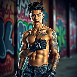 A youthful male, 19 years old, embodying the edgy style of a street gang member
