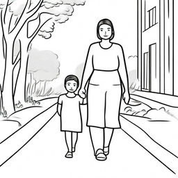 A high-resolution image that can be used as a coloring page, featuring a mother and child holding hands and walking