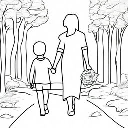 A high-resolution image that can be used as a coloring page, featuring a mother and child holding hands and walking