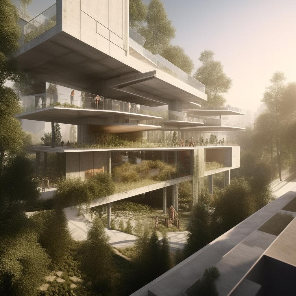 Detailed 3-D visualization of a meticulously planned modern architectural design, harmonized with its complex environment interacting with nature and urban spaces