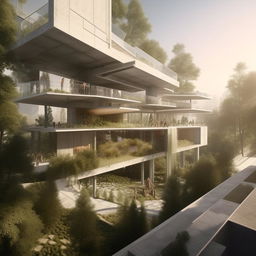 Detailed 3-D visualization of a meticulously planned modern architectural design, harmonized with its complex environment interacting with nature and urban spaces