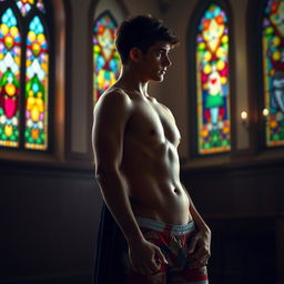 A romantic and intimate scene showcasing a 19-year-old young man, styled without a shirt and in colorful boxer shorts