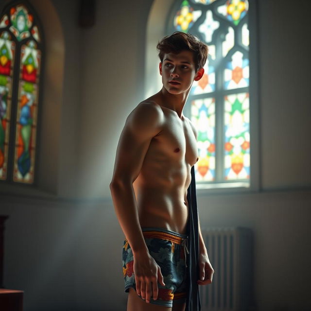 A romantic and intimate scene showcasing a 19-year-old young man, styled without a shirt and in colorful boxer shorts