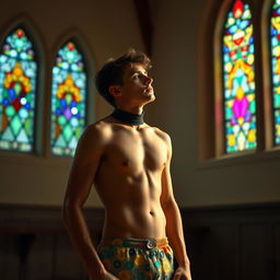 A romantic and intimate scene showcasing a 19-year-old young man, styled without a shirt and in colorful boxer shorts