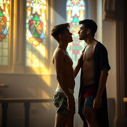 A romantic and intimate scene showcasing a 19-year-old young man, styled without a shirt and in colorful boxer shorts