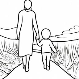 A high-resolution image that can be used as a coloring page, featuring a mother and child holding hands and walking