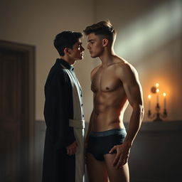A romantic and intimate scene depicting a 22-year-old young man, styled without a shirt and in stylish boxer shorts