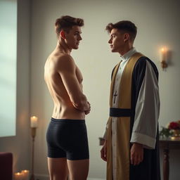 A romantic and intimate scene depicting a 22-year-old young man, styled without a shirt and in stylish boxer shorts