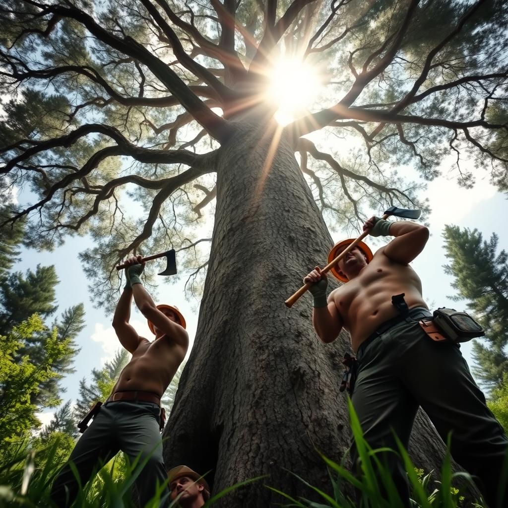 A dramatic low-angle shot of a majestic tree towering over a group of rugged lumberjacks, showcasing their strong physiques and work attire
