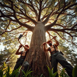 A dramatic low-angle shot of a majestic tree towering over a group of rugged lumberjacks, showcasing their strong physiques and work attire