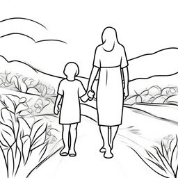 A high-resolution image that can be used as a coloring page, featuring a mother and child holding hands and walking