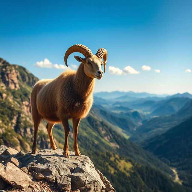 A majestic Ram standing proudly on a rocky mountain peak, surrounded by a breathtaking landscape of lush green valleys and rugged cliffs