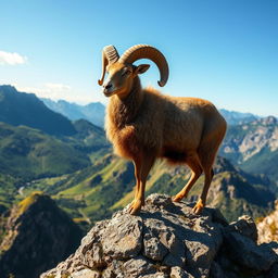 A majestic Ram standing proudly on a rocky mountain peak, surrounded by a breathtaking landscape of lush green valleys and rugged cliffs