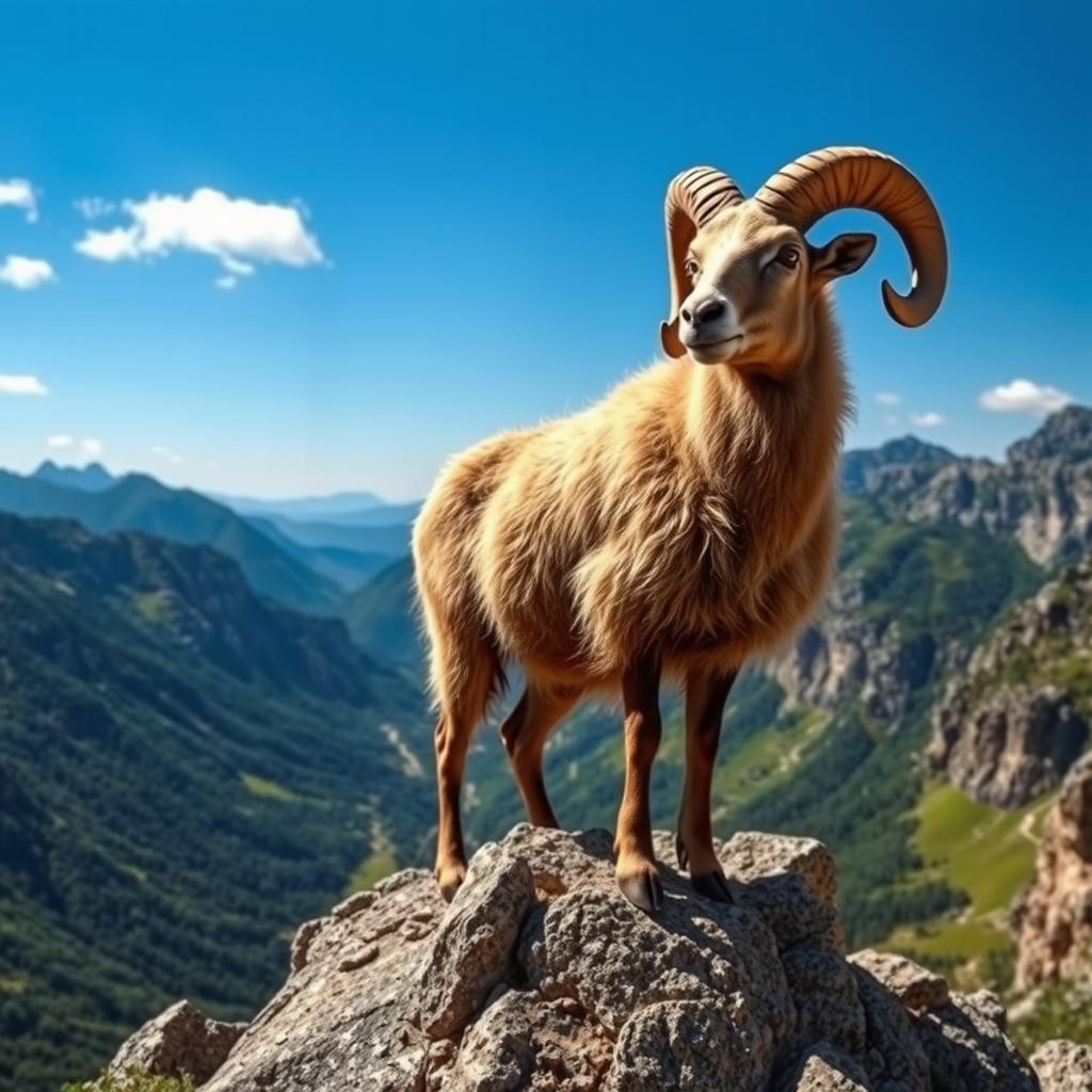 A majestic Ram standing proudly on a rocky mountain peak, surrounded by a breathtaking landscape of lush green valleys and rugged cliffs