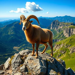 A majestic Ram standing proudly on a rocky mountain peak, surrounded by a breathtaking landscape of lush green valleys and rugged cliffs