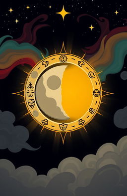 A simplistic yet mythological representation of an eclipse with the moon and sun in a dramatic scene, showing the moon partially covering the sun