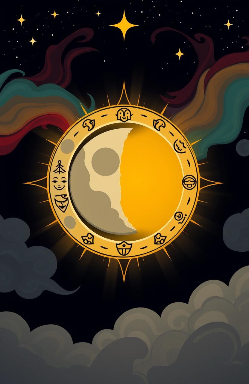 A simplistic yet mythological representation of an eclipse with the moon and sun in a dramatic scene, showing the moon partially covering the sun