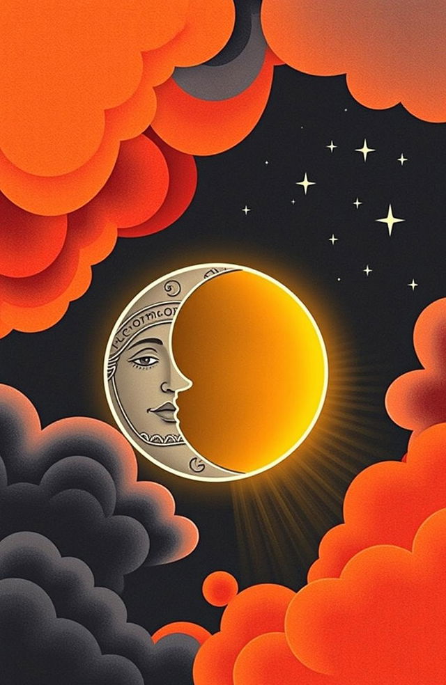 A simplistic yet mythological representation of an eclipse with the moon and sun in a dramatic scene, showing the moon partially covering the sun