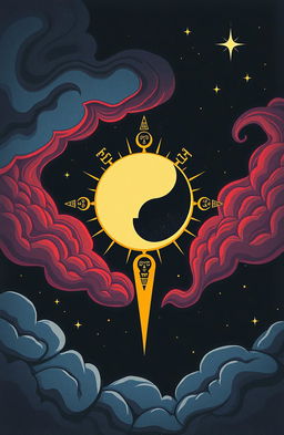 A simplistic yet mythological representation of an eclipse with the moon and sun in a dramatic scene, showing the moon partially covering the sun