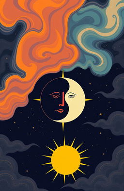 A simplistic yet mythological representation of an eclipse with the moon and sun in a dramatic scene, showing the moon partially covering the sun