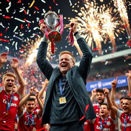 A triumphant Erik ten Hag, the manager of a football team, celebrating after winning the English Premier League