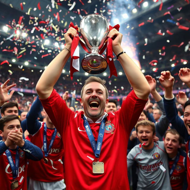 A triumphant Erik ten Hag, the manager of a football team, celebrating after winning the English Premier League