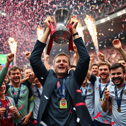 A triumphant Erik ten Hag, the manager of a football team, celebrating after winning the English Premier League