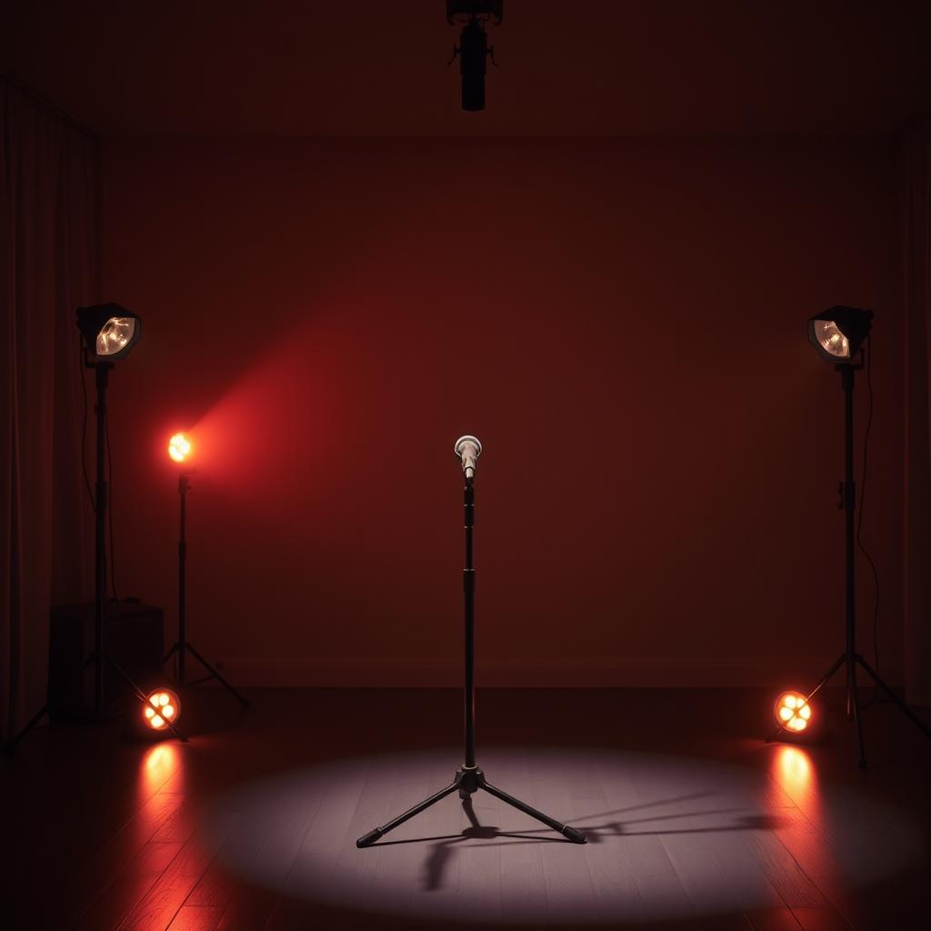 A singing setup in a dimly lit room, with HD lights bordering the stage, creating an emotional atmosphere