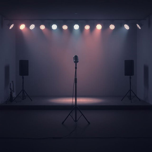 A singing setup in a dimly lit room, with HD lights bordering the stage, creating an emotional atmosphere