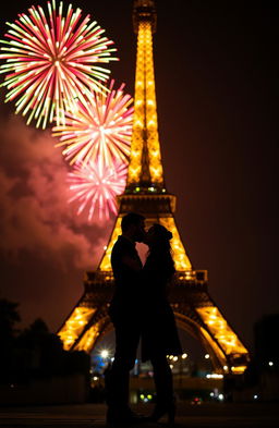 A romantic silhouette of a couple kissing in front of the Eiffel Tower, beautifully illuminated against the night sky