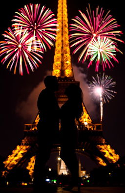 A romantic silhouette of a couple kissing in front of the Eiffel Tower, beautifully illuminated against the night sky