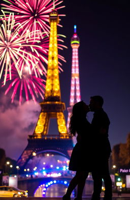 A romantic silhouette of a couple kissing in front of the Eiffel Tower, beautifully illuminated against the night sky