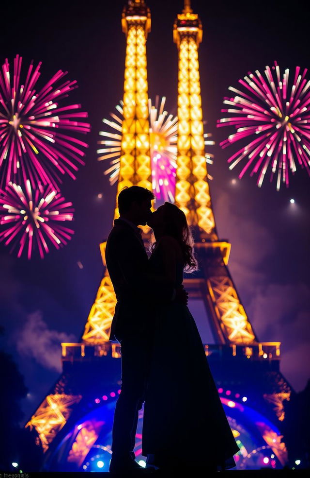 A romantic silhouette of a couple kissing in front of the Eiffel Tower, beautifully illuminated against the night sky