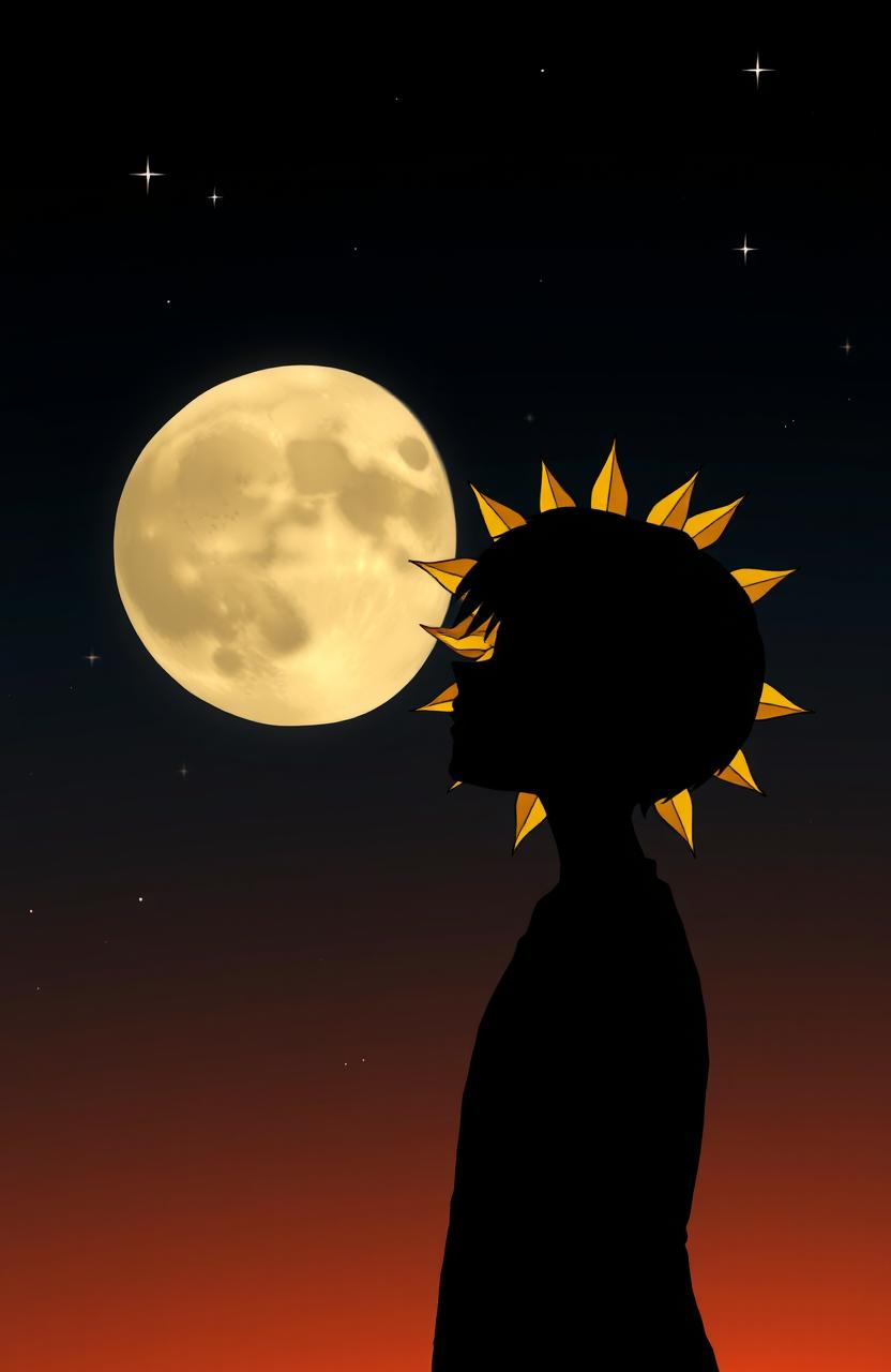 An anime-style silhouette of a moon gazing at a sun-like figure, embodying a serene and mystical atmosphere