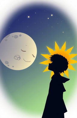 An anime-style silhouette of a moon gazing at a sun-like figure, embodying a serene and mystical atmosphere