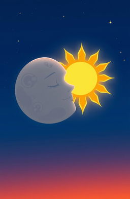 An anime-style silhouette of a moon gazing at a sun-like figure, embodying a serene and mystical atmosphere