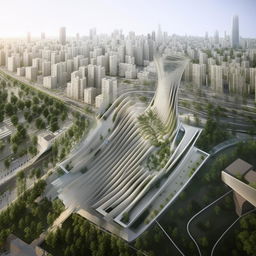 Detailed 3-D visualization of a meticulously planned modern architectural design, harmonized with its complex environment interacting with nature and urban spaces