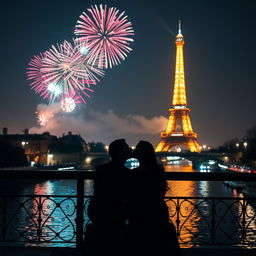 A romantic silhouette of a couple sitting on a bridge above the Seine River while kissing, with the iconic Eiffel Tower illuminated majestically in the background