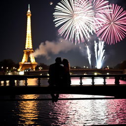 A romantic silhouette of a couple sitting on a bridge above the Seine River while kissing, with the iconic Eiffel Tower illuminated majestically in the background